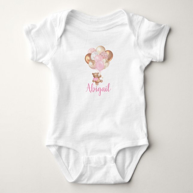 Body Para Bebê Urso de Pelúcia Balões Rosa e Dourado (Frente)
