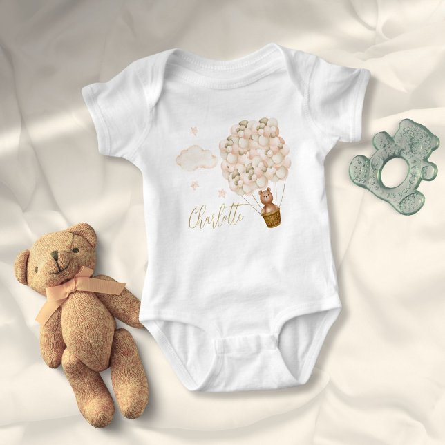 Body Para Bebê Urso de pelúcia fofo e balões em letra dourada (Cute Teddy Bear And Balloons Gold Script Baby Bodysuit)