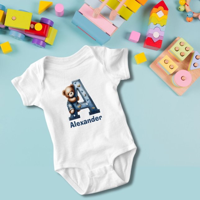 Body Para Bebê Urso de Pelúcia Monograma Denim (Criador carregado)