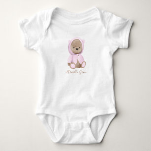 Body Para Bebê Urso de Pelúcia Rosa Neutro Nome Personalizado