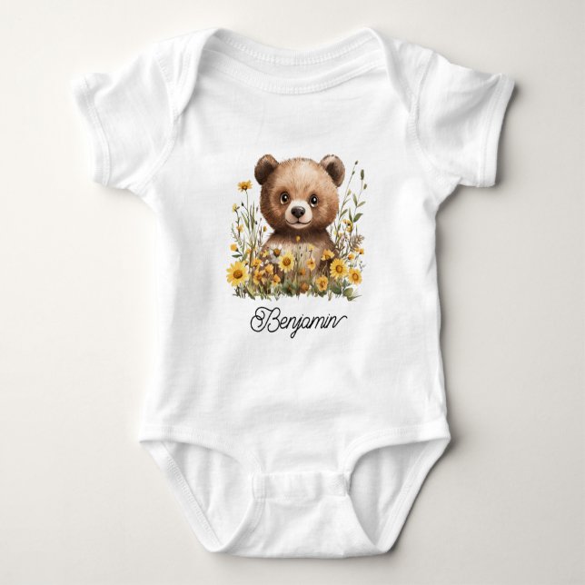 Body Para Bebê Urso em Campo de Flores de Margarida (Frente)