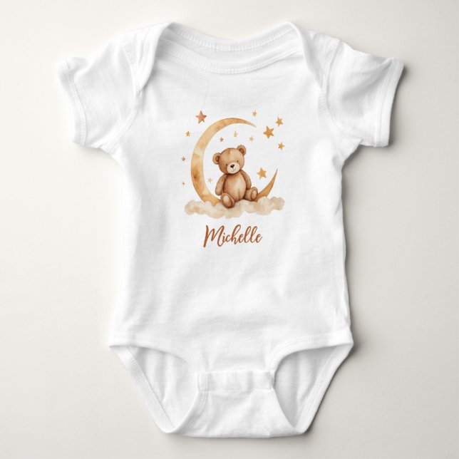 Body Para Bebê Urso Nome Personalizado Lua e Estrelas (Frente)