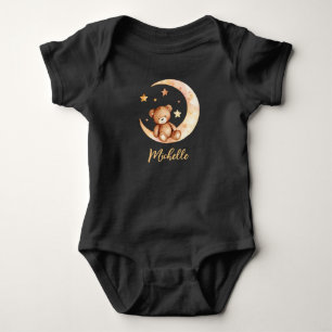 Body Para Bebê Urso Nome Personalizado Lua & Estrelas Preto
