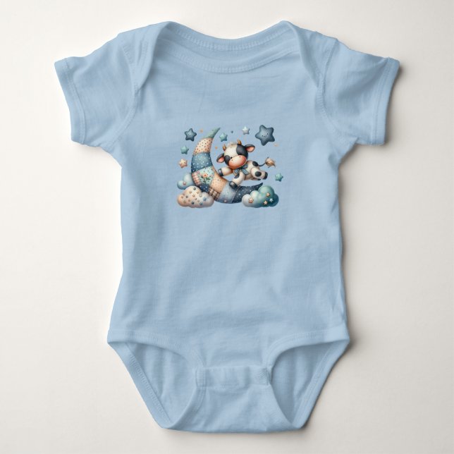 Body Para Bebê Vaca Patchwork Fofa Sobre a Lua com Estrelas (Frente)