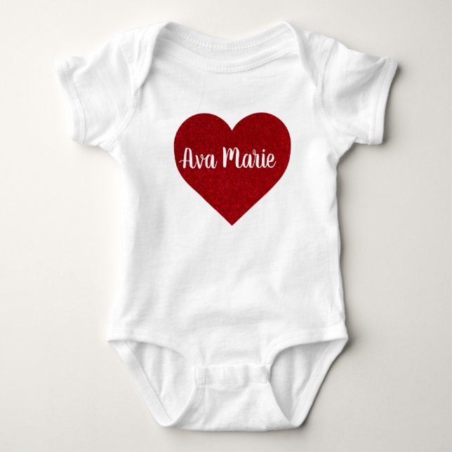 Body Para Bebê Valentines Day Red Glitter Heart with Name Cute  (Frente)