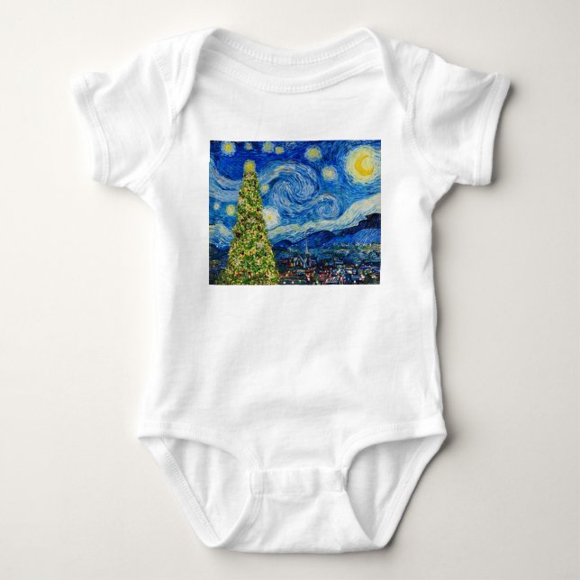 Body Para Bebê Van Gogh Starry Night - Árvore de Natal (Frente)