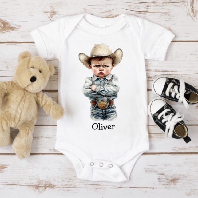 Body Para Bebê Vaqueiro Mal-Humorado Personalizado (Criador carregado)