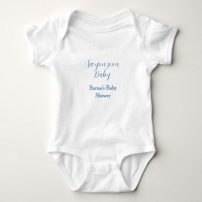 Body Para Bebê vejo você em breve chá de bebê azul nome data simp (Frente)