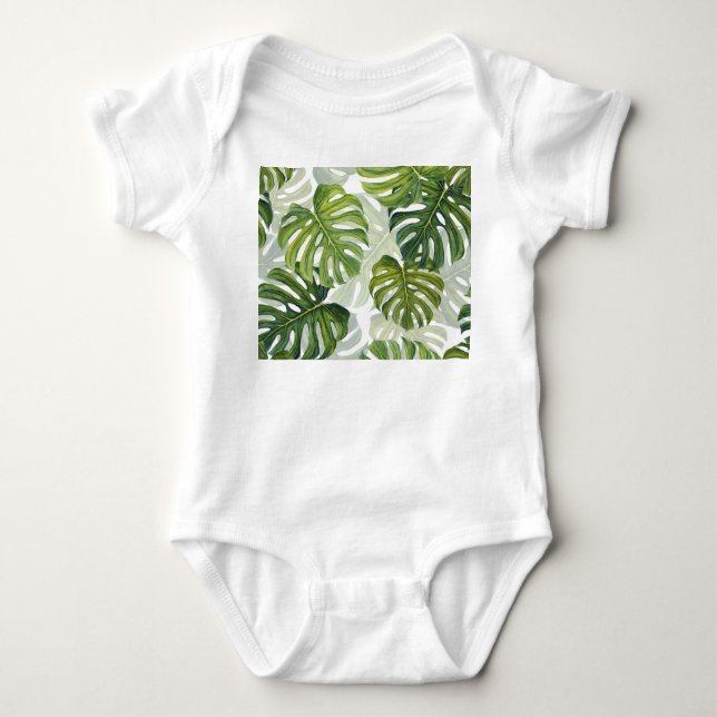 Body Para Bebê Verde Monstera Tropical Watercolor (Frente)
