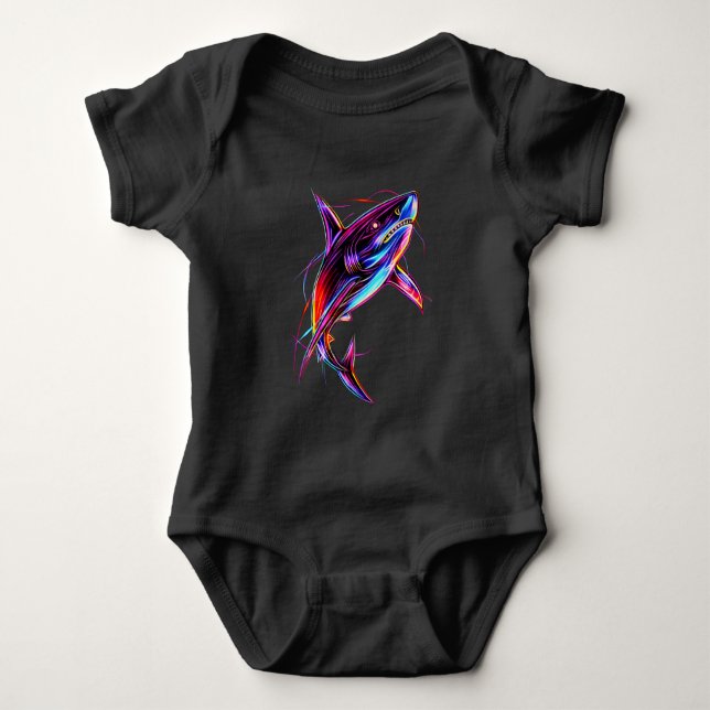 Body Para Bebê Vibrant Neon Shark Modern Digital Ocean (Frente)