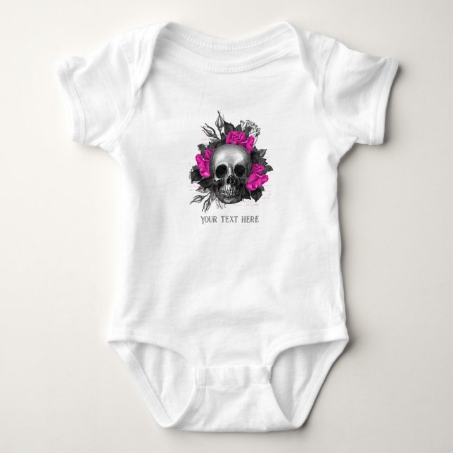 Body Para Bebê Vintage Gótico Rosa Rosa Crânio Personalizado (Frente)