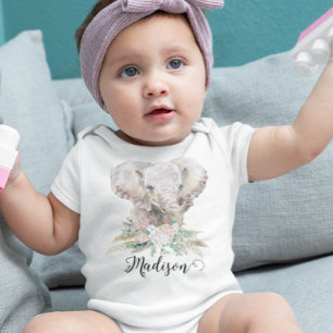 Body Para Bebê Watercolor Baby Elephant Tropical Boho