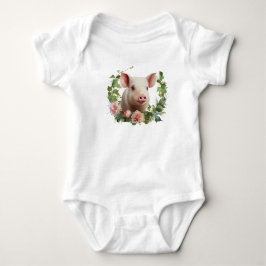 Body Para Bebê Watercolor Baby Pig (Piglet) Flower Wreath