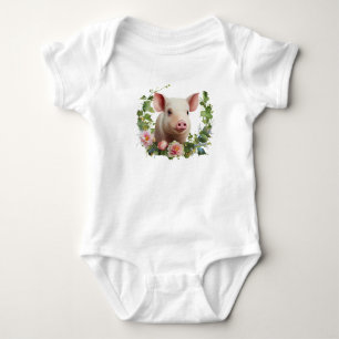 Body Para Bebê Watercolor Baby Pig (Piglet) Flower Wreath