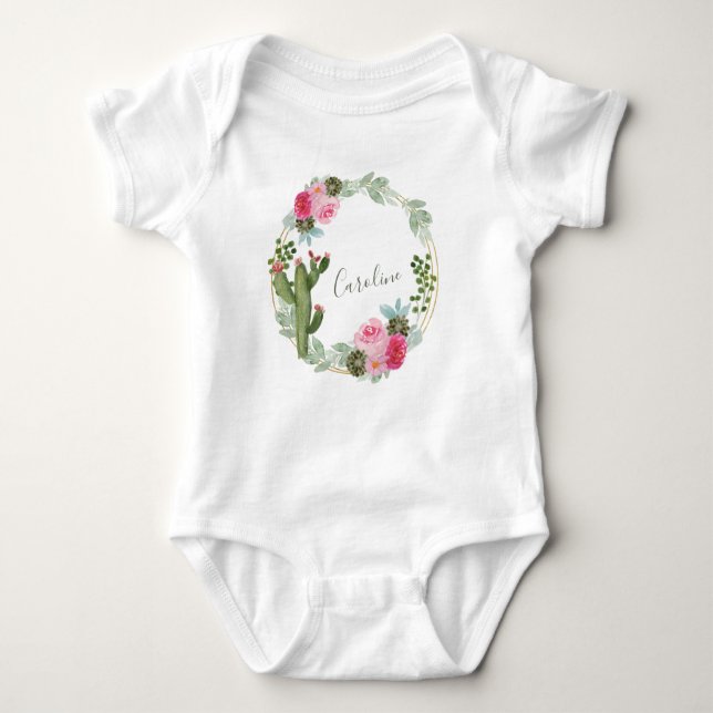 Body Para Bebê Watercolor Cactus Pink Floral Wreath Personalized  (Frente)