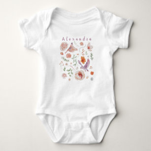 Body Para Bebê Watercolor Floral Hummingbird monograma com nome d