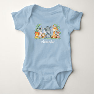 Body Para Bebê Watercolor Safari Selgle Baby Animais Azuis