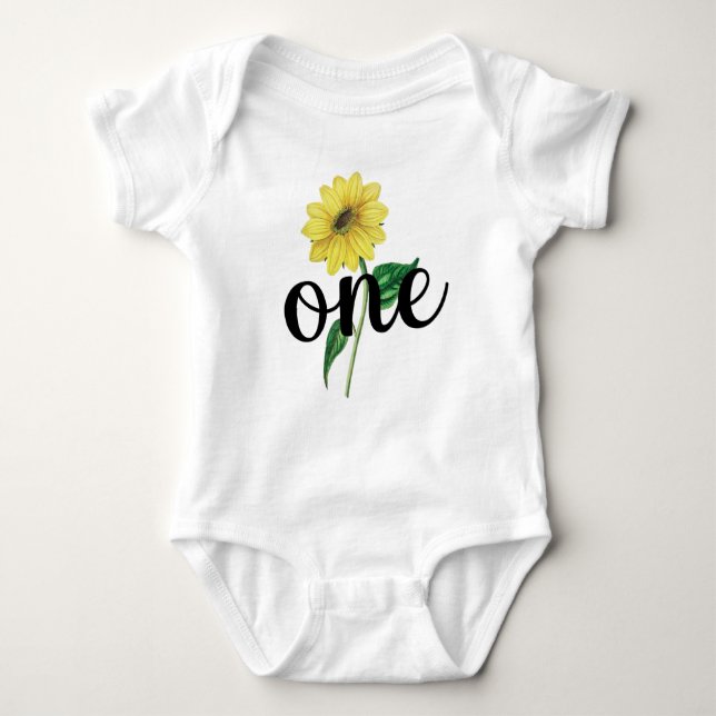 Body Para Bebê Watercolor Sunflower First Birday Girl Shirt (Frente)
