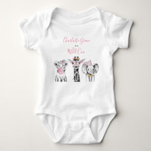 Body Para Bebê Wild One Animal Safari Black White Pink Aniversári