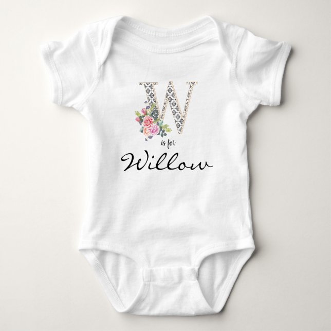 Body Para Bebê Willow Name Letra Floral floral W Flor Retro (Frente)
