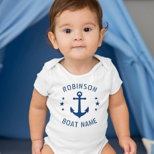 Body Para Bebê Your Name & Boat Vintage Anchor Stars Blue & White