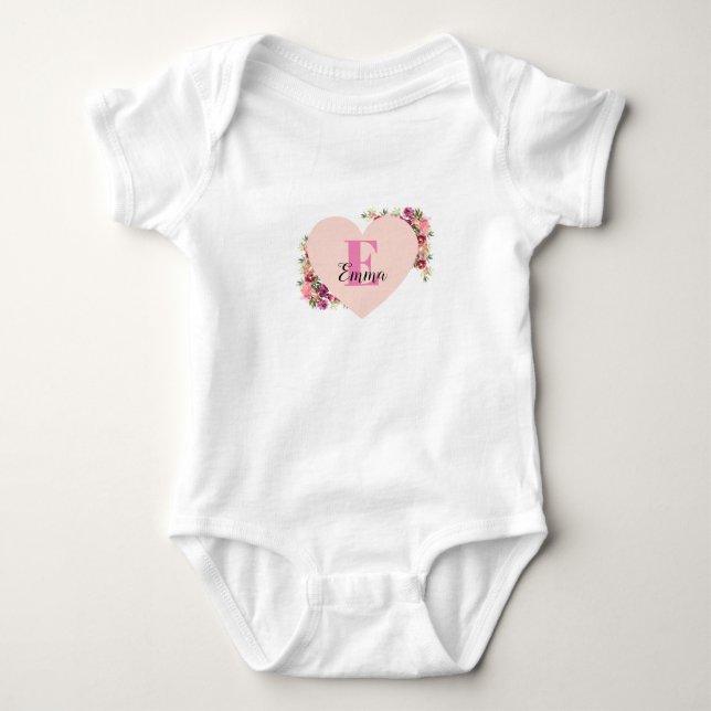 Body Para Bebê YOUR NAME/TEXT/ Pink Floral Monogram Bodysuit (Frente)