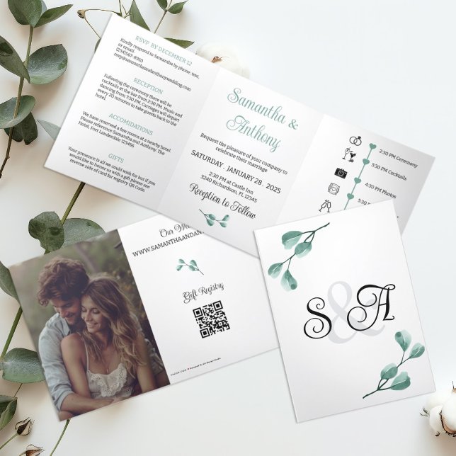 Boêmia Eucalyptus Monograma Convite para Casamento (Criador carregado)