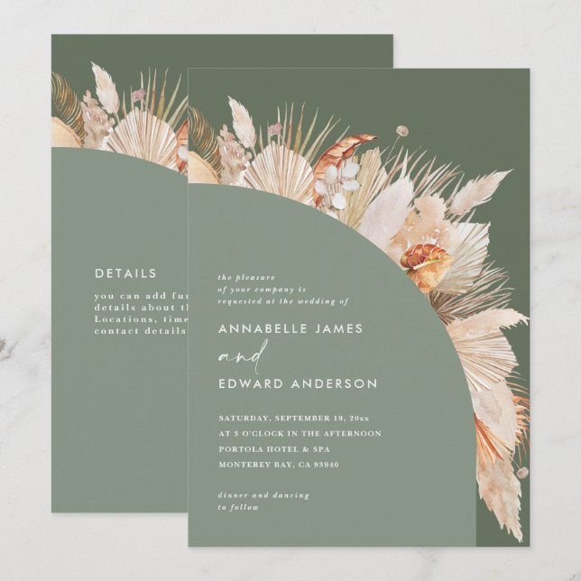 Boêmia moderna Sage Green pampas casamento (Frente/Verso)