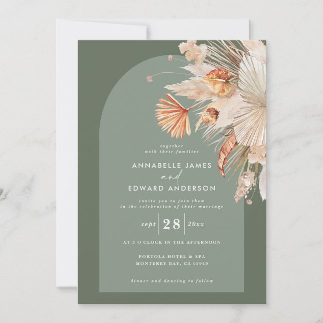 Boêmia moderna sage verde pampas casamento (Frente)