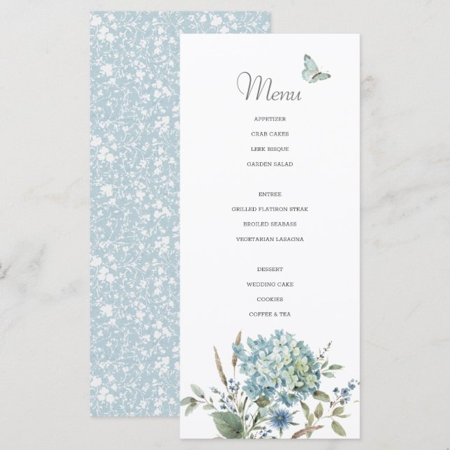 Bohemian Blue Botanical Watercolor Menu (Frente/Verso)