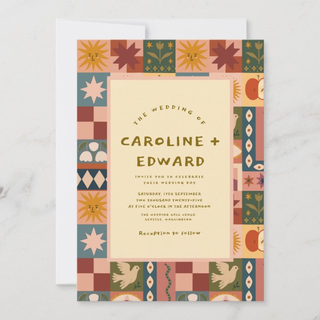 Bohemian Celestial Patchwork Convite para Casament (Frente)