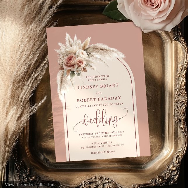 Bohemian Dusty Pampas Arch Convite para Casamento (Bohemian Dusty Pink Pampas Arch Wedding Invitation)