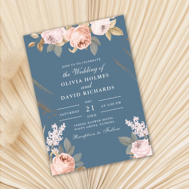 Bohemian Elemental Blue Peonies Convite Para Casam (Bohemian Elemental Blue Peonies Wedding Invitation on dry fan palm leaf.)