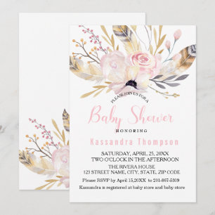 Bohemian Floral & Feather Chá de fraldas Convite