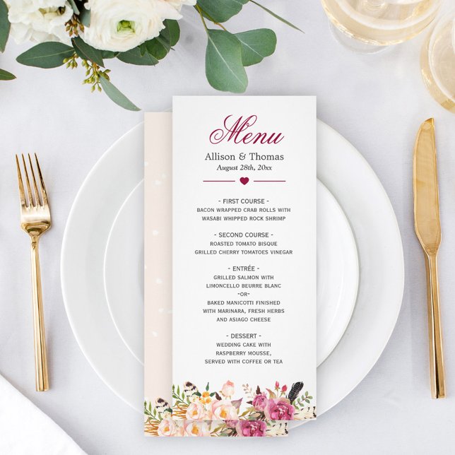 Bohemian Floral Feather Classy Boho Menu Casamento (Criador carregado)