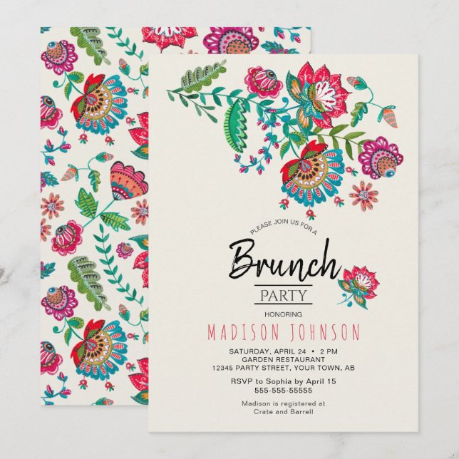 Bohemian Red Folk Flowers Brunch Convite de festas (Frente/Verso)