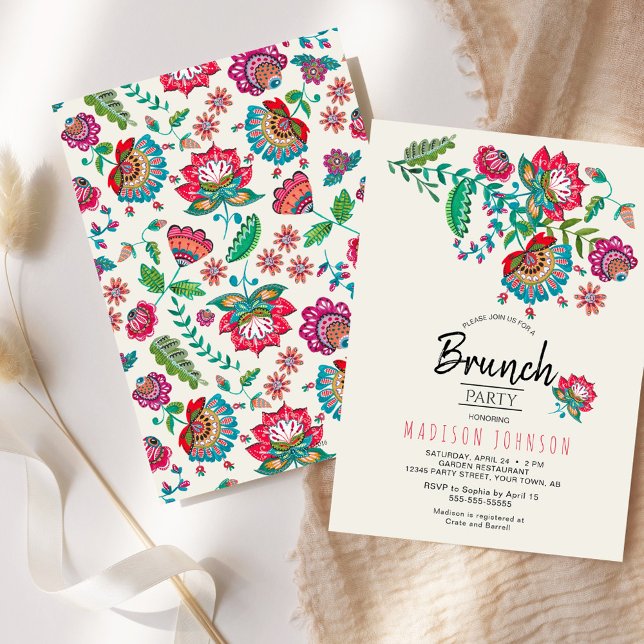 Bohemian Red Folk Flowers Brunch Convite de festas (Floral Brunch Party Invitation Colorful Flowers)