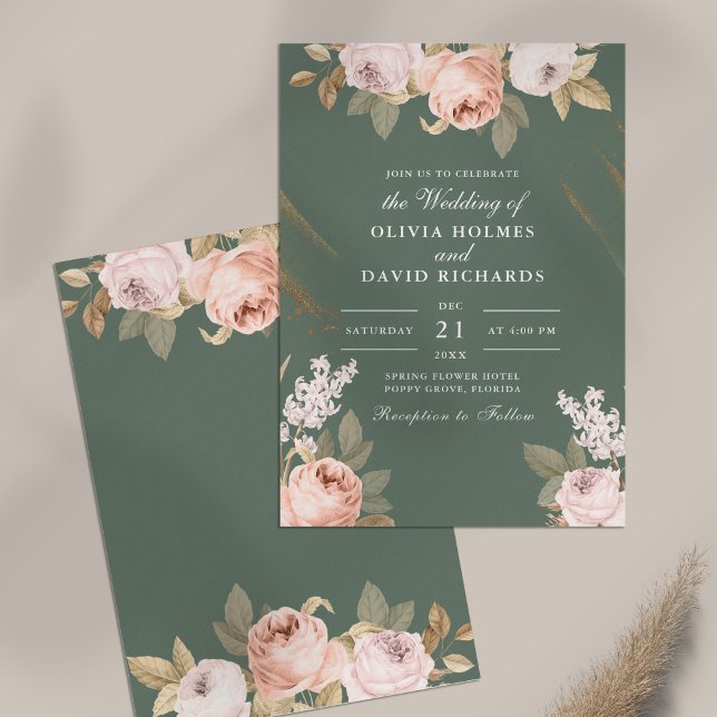 Bohemian Sage Green Peonies Convite para Casamento (Bohemian Sage Green Peonies Wedding Invitation on table)