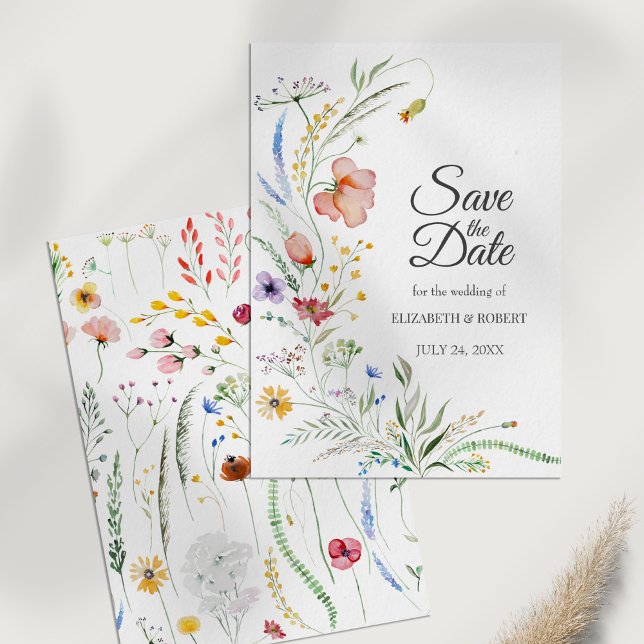 Bohemian Watercolor Wildflower Salva Cartão (Bohemian Watercolor Wildflowers Save The Date Card on a white table.)