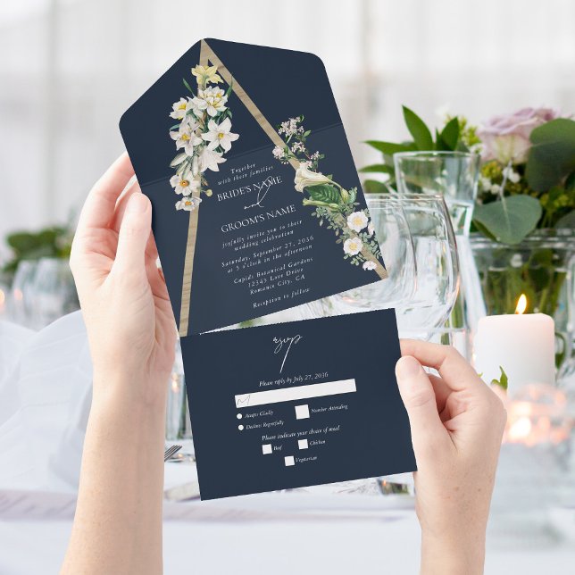 Bohemian Wood Pyramid White Florals Blue Wedal (Bohemian Wood Pyramid White Florals Blue Wedding All In One Invitation)