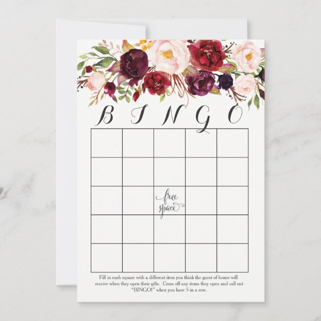 Boho aquarela flores Chá Bingo Cards Marsala (Frente)