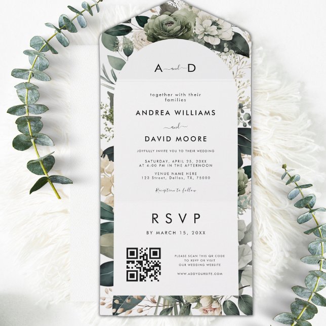 Boho Arch Sage Green Ivory Floral Código QR Casame (Criador carregado)