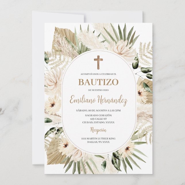 Boho Baptism espanhol Convite Floral (Frente)