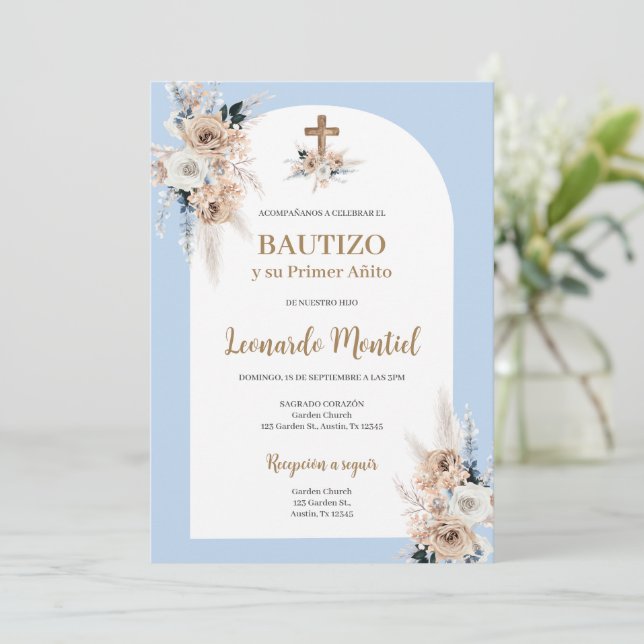 Boho Baptism espanhol Convite Floral (Em pé/Frente)