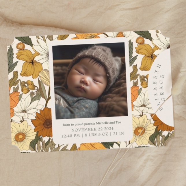 Boho Beige Fall Floral Newborn Anúncio de Nascimen (Criador carregado)