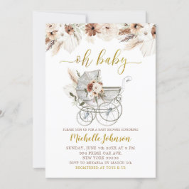 Boho Beige Floral Stroller Chá de fraldas Convite