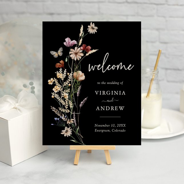 Boho Black Welcome Poster (Black Boho Watercolor Floral Welcome Wedding Poster with Butterfly by Painted Paperie
)