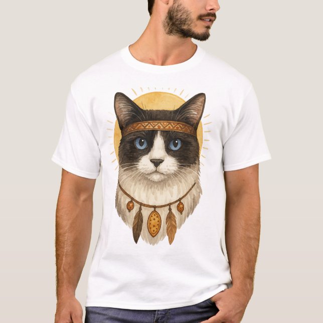 Boho Blue-Eyed Cat Dreamcatcher Graphic T-Shirt (Frente)