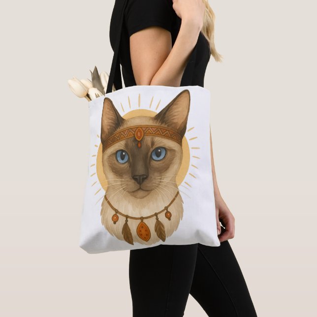 Boho Blue-Eyed Cat Tote Bag (Close Up)