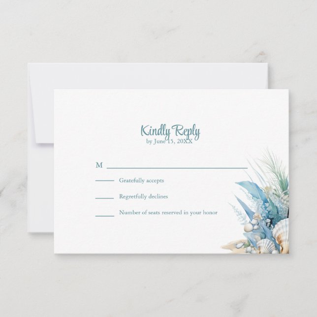 Boho Blue Floral Beach and Shell Wedding RSVP Card (Frente)